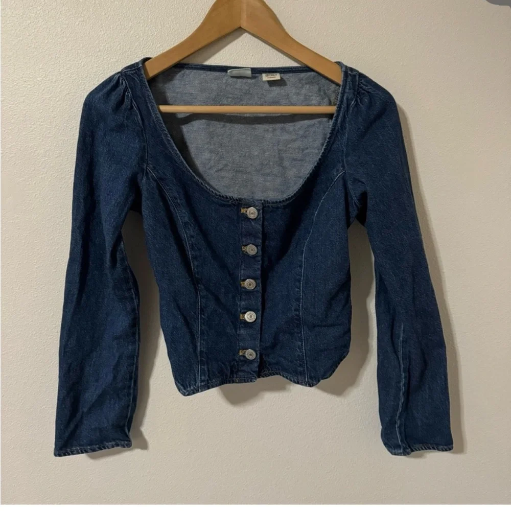 Levi’s Weston Denim Long Sleeve Cropped Blouse Dark Wash Western 2023-XS - Picture 1 of 11